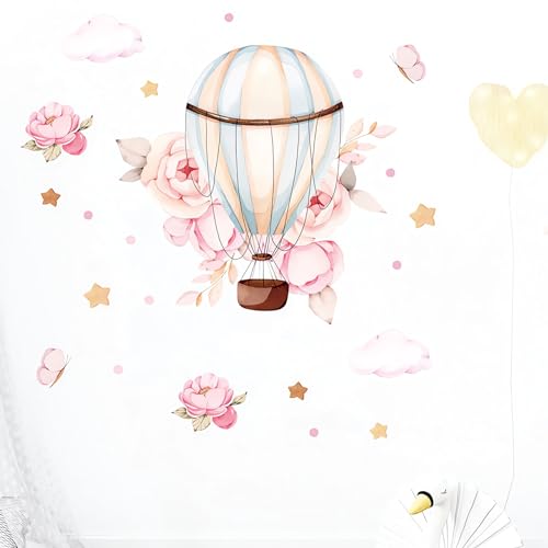 Pink Peony Rose Hot Air Balloon Star Flower Wall Stickers, sacinora Cartoon DIY Art Wall Decals Removable Vinyl Peel and Stick for Kids Baby Girl Nursery Living Room Bedroom Children's Room Playroom