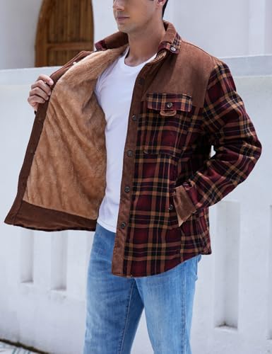 Gihuo Men's Large Coffee Sherpa-Lined Flannel Shirt Jacket - Warm Outdoor Coat