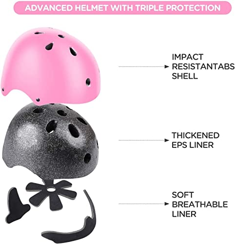 Adjustable Kids Helmet with Knee, Elbow & Wrist Pads - Pink, Small (3-8 Years)