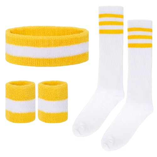 Striped Sweatbands and Socks Set - Yellow/White - 80s Accessories