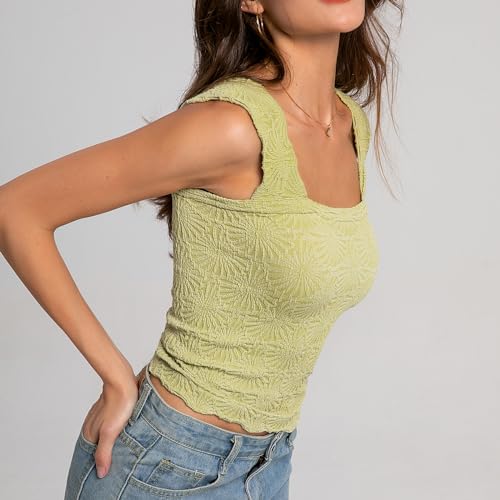 Niceyoo Women's Square Neck Crop Tank Top with Lettuce Trim – Green, Medium-Large