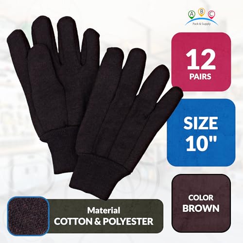 ABC PACK & SUPPLY Brown Jersey Gloves for Women and Men, 10 Inch. Pack of 24 (12 Pairs) Reusable Polyester and Cotton Jersey Work Gloves with Elastic Knitted Wrists. Washable Cotton Gardening Gifts