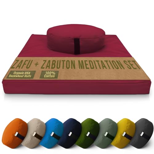 Meditation Cushion Set - Organic Buckwheat Zafu & Zabuton - Oval Combo Burgundy