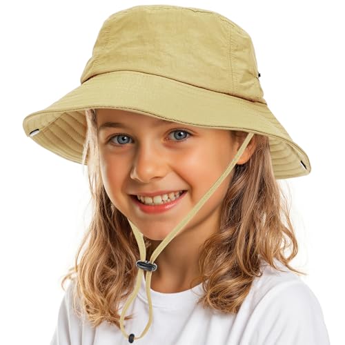 Kids Sun Hat UPF 50+ Waterproof Light Khaki Bucket Hat 8-15 Years