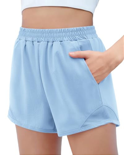 High Waisted Girls Running Shorts - Athletic Sports Gym Shorts - Blue, 13-14 Years