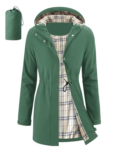 iCreek Women's Long Waterproof Rain Jacket with Hood, Packable, Dark Green (Medium)