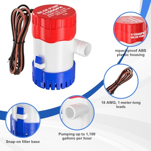 12V Marine Bilge Pump 1100 GPH Submersible Water Pump for Boats Ponds Pools
