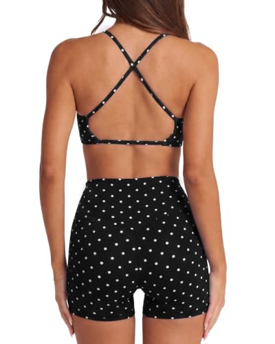 SUUKSESS Women's 2-Piece Workout Set Polka Dots Black Large Sports Bra & Biker Shorts