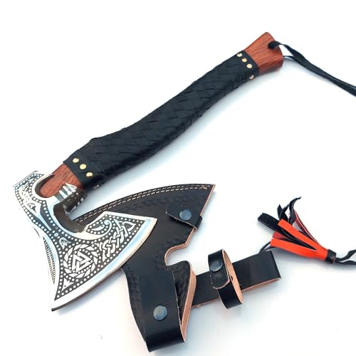 Handforged Carbon Steel Viking Axe with Wooden Handle & Leather Sheath – Camping & Outdoor Hatchet