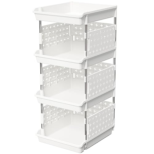 Lifewit Plastic Stackable Storage Baskets, 4 Tier Stacking Bins 13.8"D x 11.8"W x 28.3"H, Large Capacity Multi-Functional Containers Shelves for Pantry, Playroom, Kitchen and Bedroom, 1 Pack, White