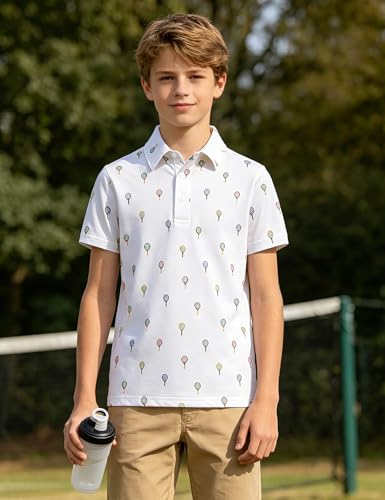 Boys Performance Polo Shirt - Short Sleeve Collared, Size 7-8 Years, White Pink