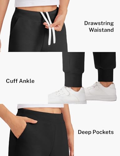 High Waisted Girls Sweatpants - Casual Joggers with Drawstring, Black, 9-10 Years