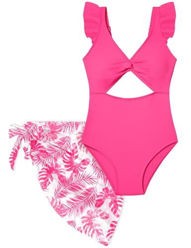 Girls One-Piece Ruffle Swimsuit with Cover-Up Skirt - Hot Pink, 15-16 Years