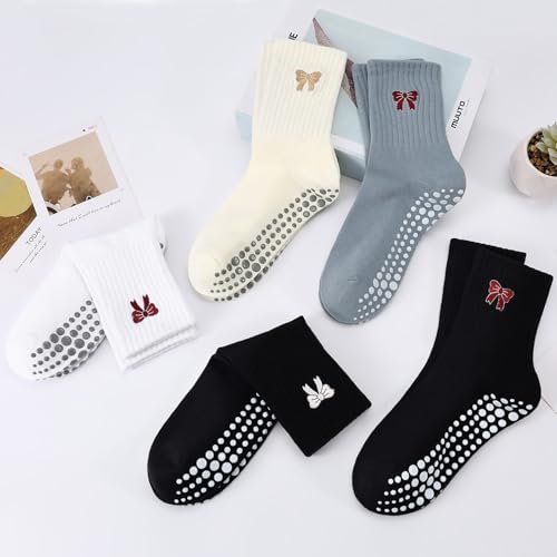 Women's Non-Slip Pilates Grip Socks with Ruffle Bow - Gray/Red