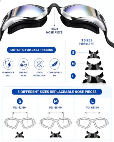 Swim Goggles with Anti-Fog Mirrored Lens and 180° Wide View