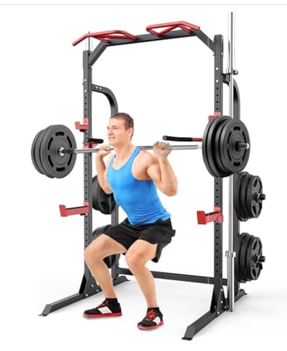 Half Power Cage Squat Rack with Pulley System and Weight Plate Storage