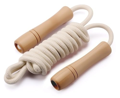Kids Adjustable Jump Rope - Wooden Handle, Cotton Braided - White