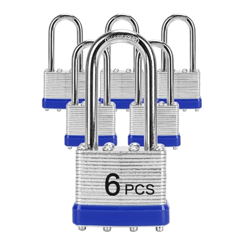 Padlocks with Same Key, LQYN 6 Pcs Laminated Keyed Padlock (1-9/16", 40mm), Keyed Alike Locks, Long Shackle, for Storage Locker, Hasp Latch, Toolbox, Sheds