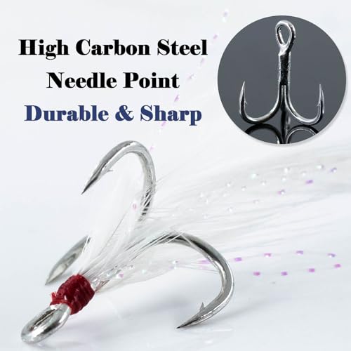 15Pcs Feathered Treble Hooks - Premium Carbon Steel, Size 8#