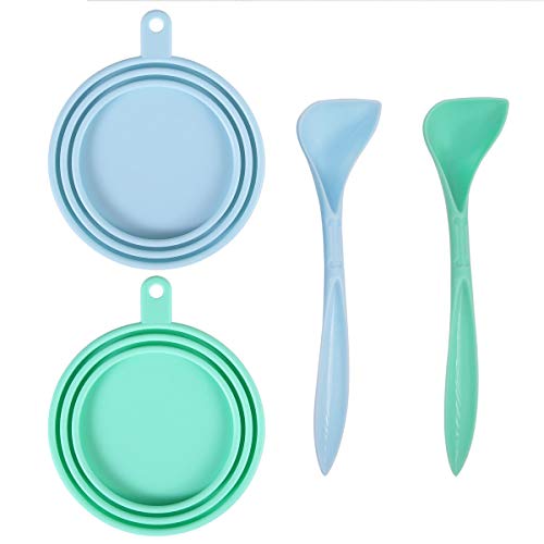 Universal Silicone Pet Food Can Lids with Spoons - 2 Pack, Light Blue & Green