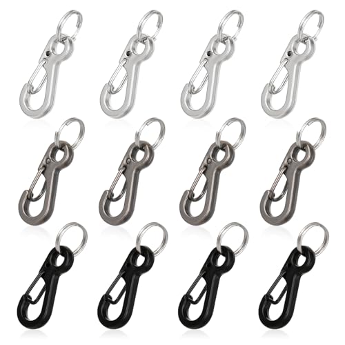 12-Piece Mini Carabiner Clips - 1-Inch Zinc Alloy Spring Hooks - 3 Colors