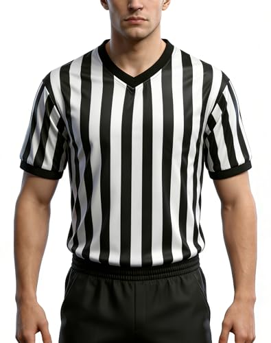 Men's V-Neck Referee Shirt - Black & White, Large