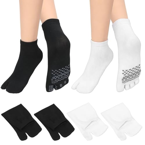 4 Pairs Japanese Tabi Socks with Anti-Slip Dots - Black & White