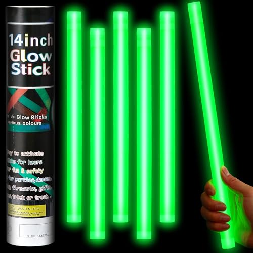 Green 14-Inch Jumbo Glow Sticks Pack of 5 for Parties & Outdoor Events
