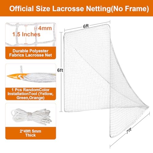 4mm Lacrosse Net Replacement - 6x6x7 ft with Install Aid & Lacing Ropes
