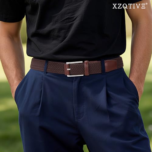 Braided Stretch Belt for Men - Elastic Woven Golf Belt, Coffee - Waist 33-38in