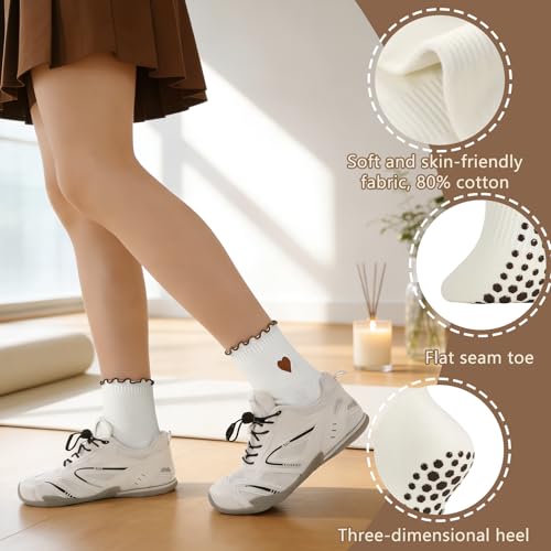 Frilly Pilates Socks with Grips - 6 Pairs, One Size, White/Brown/Coffee