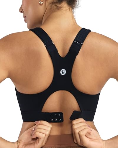 RUNNING GIRL High Support Sports Bra for Women Large Black, Adjustable Racerback with Hook Closure