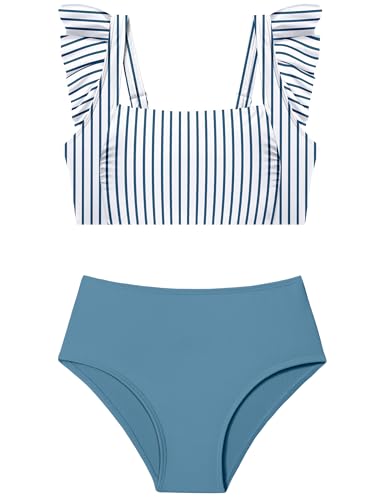 Girls 2-Piece Swimsuit Set - Square Neck Ruffle Trim Bikini - Stripe & Blue, 15-16 Years