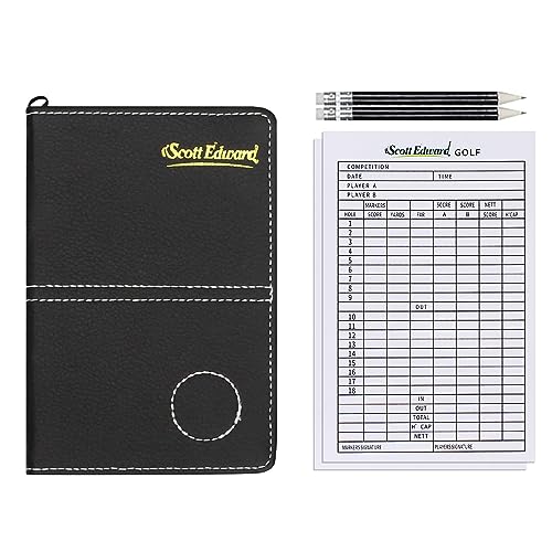 Golf Scorecard Holder - Black Waterproof Leather Cover with Straps