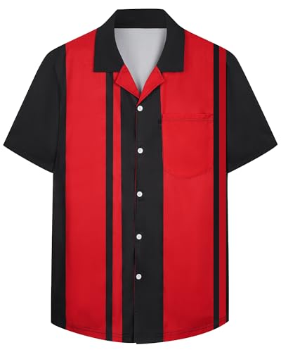 SEAOYOZO Bowling Shirts for Men Short Sleeve Hawaiian Button Down X-Large Black Red Colorblock