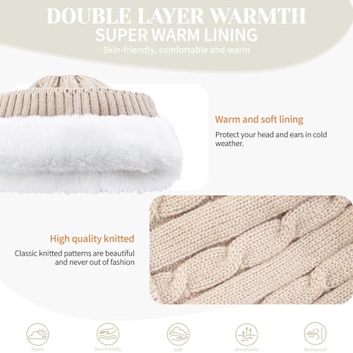 Warm Fleece Lined Winter Beanie Hat for Women - Beige