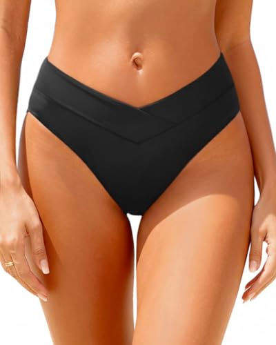 Daci Women Cheeky High Cut Bikini Bottoms - Black, Medium - V Cut, Mid Rise Swimwear