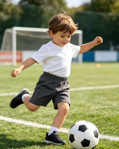 KIKINOTE Toddler Boys Athletic Shorts 3-Pack - Basketball & Soccer Style Size 2-5T, Black Gray Blue