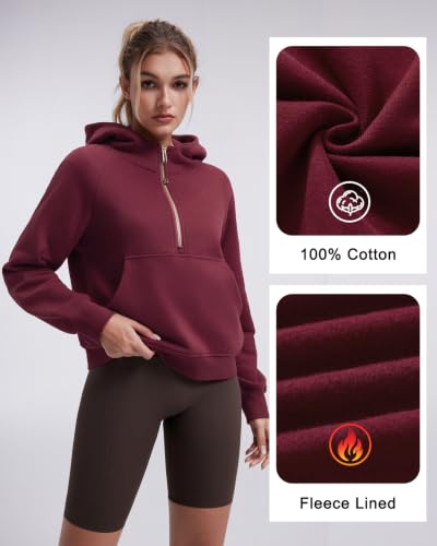 SUUKSESS Women's Gold Half Zip Cotton Hoodie - Casual Pullover Sweatshirt, Medium/Wine Red