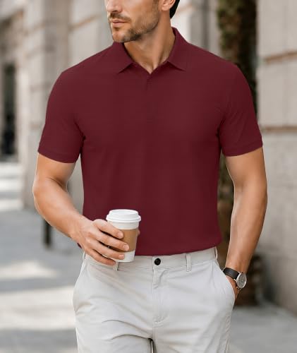 Men's Short Sleeve Performance Polo Shirt - Moisture Wicking Golf Tee, Large Wine Red