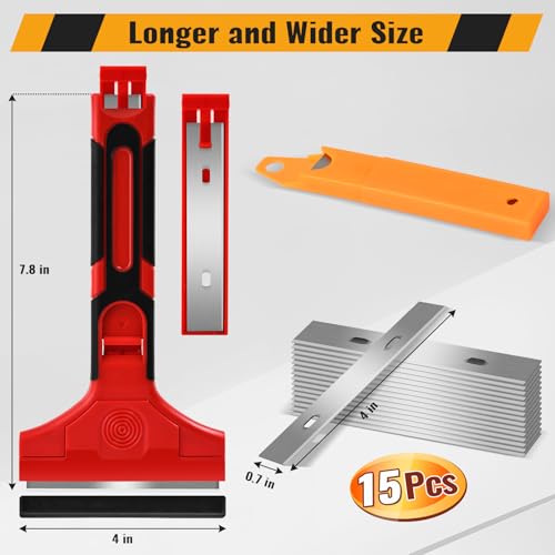 Razor Blade Scraper with Long Handle, 4 Inch Scraper with 15 Pcs Razor Blades, Scrapper for Cleaning Glass Windows, Tile Walls/Floors, Kitchen Stove Top/Oven/Cooktop, Paint/Sticker/Caulk Remover Tool
