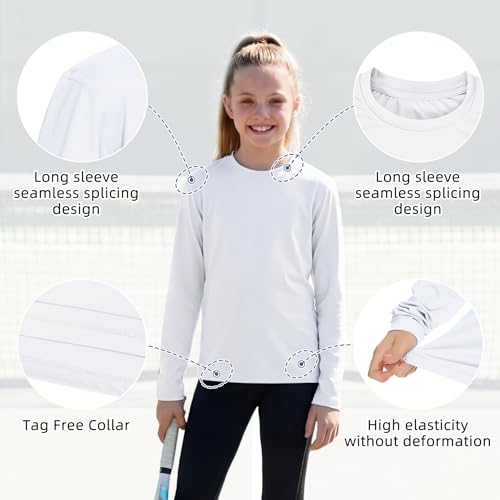 Girls Long Sleeve Rash Guard Swim Shirt - White, 10-12 Years, UPF 50+