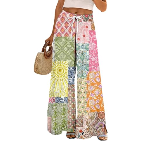 Boho Palazzo Pants for Women - High Waist Floral Lounge Trousers - Small Q Mint Green