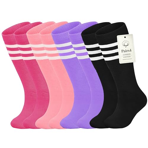 Kids Halloween Striped Knee-High Socks - 4 Pairs, 6-10 Years, Black+Purple+Pink+Deep Pink