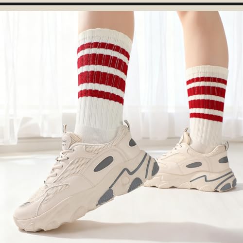 Retro Striped Cotton Crew Socks - 3 Pairs, Black, White, Gray