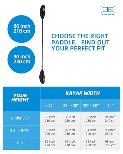 OceanBroad Carbon Fiber Kayak Paddle 90.5in/230cm with Paddle Leash – Black, 2-Piece