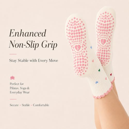 Grip Pilates Socks for Women - US Size 5-9, Heart Design