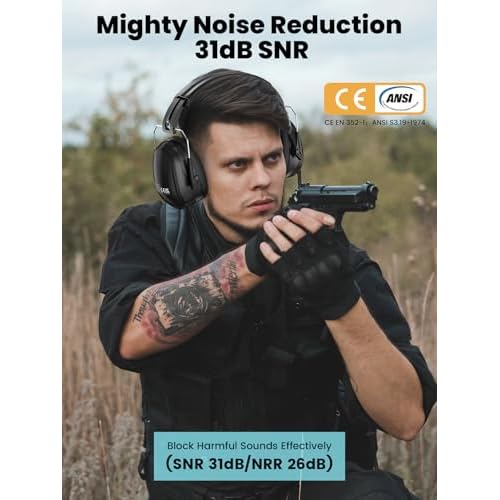 Hearing Protection Ear Muffs, 31dB Noise Reduction Safety Earmuffs with Adjustable Headband for Adults Kids Autism Sensory, Ear Muff for Yard Work, Mowing or Hunting -Pure Black 2PACK