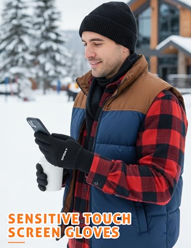 Windproof Thermal Gloves for Men - Touch Screen, Waterproof - Black, Medium