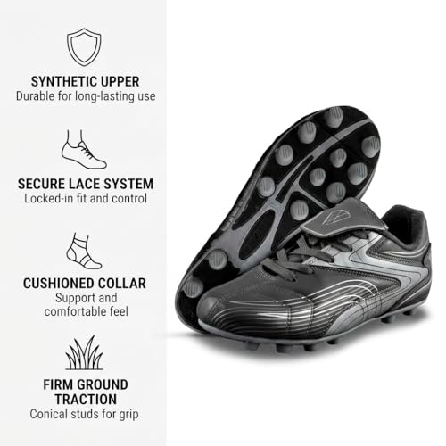 Vizari Big Kid Soccer Cleats Youth Firm Ground Football Shoes Black/Silver